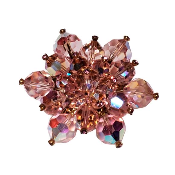 Vtg Austrian Crystal Aurora Borealis Flower Pink Cluster Gold Tone 2" Unsigned - Picture 5 of 8